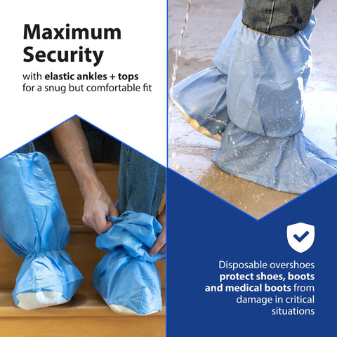 Person wearing Traction 18 Inch Blue Disposable Boot Covers With Non Slip Sole Water Resistant Skid Resistant Booties