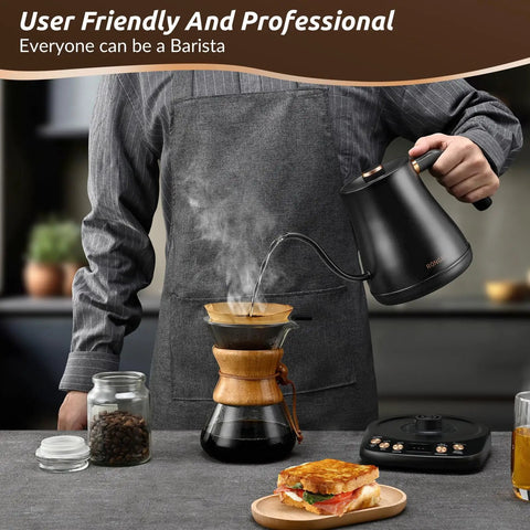Person using Gooseneck Electric Kettle 1L With Six Temperature Presets, 1200W Fast Heating, Auto Shut-Off, matte black for coffee.