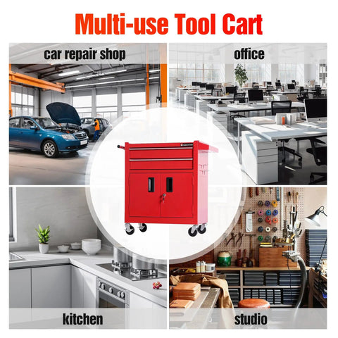 Heavy Duty Steel Tool Cart On Wheels, Red Rolling Tool Chest With Lockable Double-Door Cabinet And Two Drawers in workshop, office, studio, kitchen settings