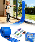 Child playing with Three Lane Flex Track Race Set, 15 Ft Portable DIY Racetrack, 6 diecast cars, 1 64th scale, in living room.