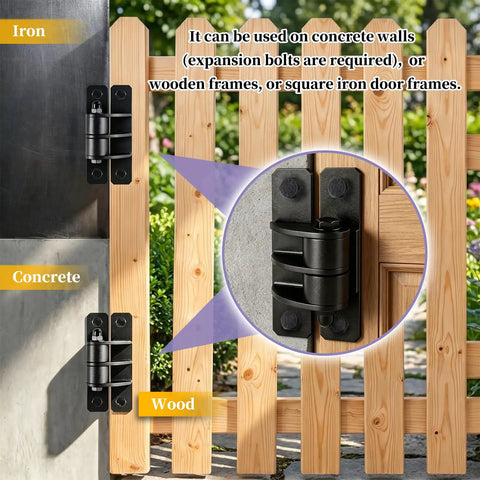 Beefy 7 Inch Heavy Duty Gate Hinges With 1100 Lbs Capacity for Farm Gates shown on wooden fence and concrete wall