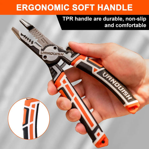 Hand holding All In One Wire Stripper And Pliers Set For Electricians, 4 In 1 Heavy Duty Tool with ergonomic TPR handle