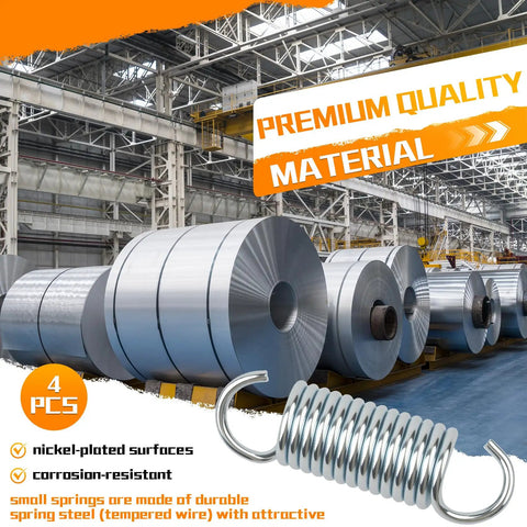 Coils of spring steel with overlay text, showcasing premium material for 4-Pack 9617 Extension Springs With Hook Ends, Compact 2.64 In By 0.75 In By 0.6 In Size.