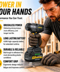 Badass 1/2 Inch Cordless Impact Wrench Brings 1400Nm Beefy Torque And 1033 Ft Lbs With Brushless Motor Two Battery Packs And Ten Sockets Built Tough For Pickup Trucks And Garage Grind No Sweat, held by a person with protective gear.