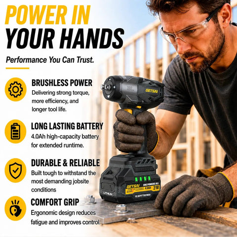 Badass 1/2 Inch Cordless Impact Wrench Brings 1400Nm Beefy Torque And 1033 Ft Lbs With Brushless Motor Two Battery Packs And Ten Sockets Built Tough For Pickup Trucks And Garage Grind No Sweat, held by a person with protective gear.
