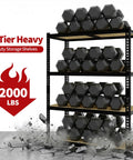 Badass Heavy Duty Garage Storage Shelving Unit With Rock Solid Reinforced Metal Frame And Thick Mdf Shelves Holding 2000 Lbs Total Capacity To Buckle Down On Tool Organization And Bulk Storage For Any Shed 40 X 20 X 60 Inches, showcasing 4-tier shelving with hex weights.