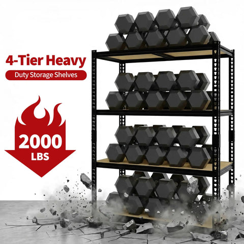 Badass Heavy Duty Garage Storage Shelving Unit With Rock Solid Reinforced Metal Frame And Thick Mdf Shelves Holding 2000 Lbs Total Capacity To Buckle Down On Tool Organization And Bulk Storage For Any Shed 40 X 20 X 60 Inches, showcasing 4-tier shelving with hex weights.