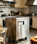 Heavy Duty Twenty Seven Inch Undercounter Worktop Freezer With Sleek Digital Temperature Controller And Rapid Airflow Design in a modern kitchen.