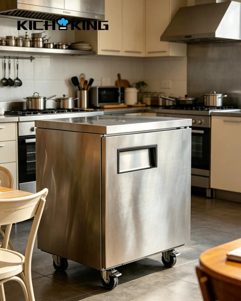 Heavy Duty Twenty Seven Inch Undercounter Worktop Freezer With Sleek Digital Temperature Controller And Rapid Airflow Design in a modern kitchen.