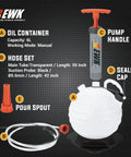 Front view: EWK 6L oil extractor pump kit with white reservoir, red handle, and clear hose