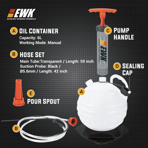 Front view: EWK 6L oil extractor pump kit with white reservoir, red handle, and clear hose