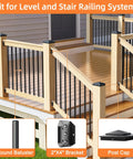 Image showing fit for level and stair railing system with 40 Pack Aluminum Deck Railing Brackets Connectors For Fence And Stair Handrails Actual 1.5x3.5 Inch 2x4 Size Heavy Duty Weatherproof Aluminum Alloy Includes 240 Galvanized Screws Easy Install, round baluster, 2x4 bracket, and post cap on a wooden deck.