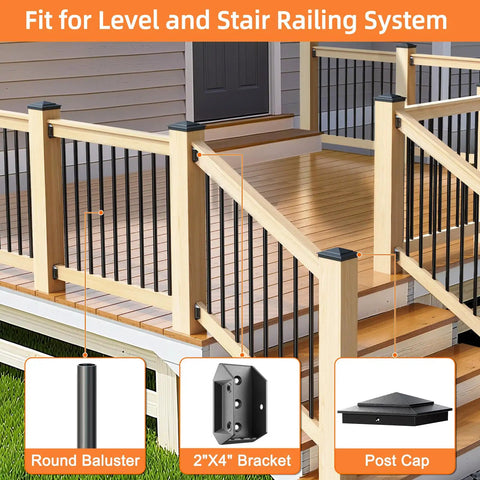Image showing fit for level and stair railing system with 40 Pack Aluminum Deck Railing Brackets Connectors For Fence And Stair Handrails Actual 1.5x3.5 Inch 2x4 Size Heavy Duty Weatherproof Aluminum Alloy Includes 240 Galvanized Screws Easy Install, round baluster, 2x4 bracket, and post cap on a wooden deck.