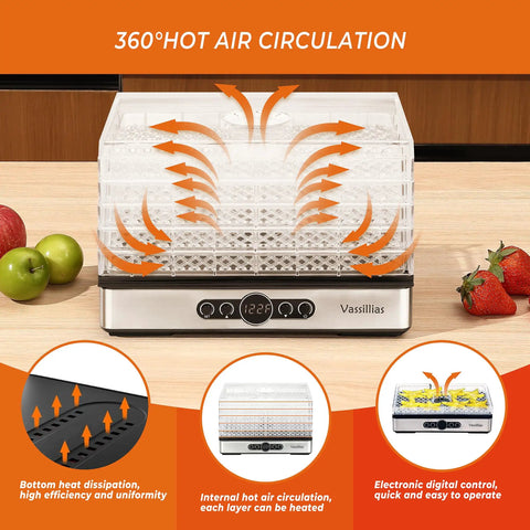 Compact Food Dehydrator Dryer With Adjustable Temp Control and Smooth Airflow Design, showcasing 5 racks and digital controls.