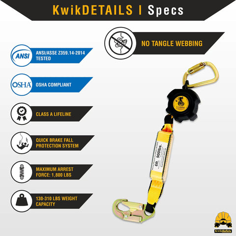 6 Foot Cobra Web Self Retracting Lifeline No Tangle Web Class 1 SRL Fall Protection Lanyard ANSI OSHA Compliant Safety Gear