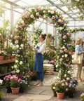 Heavy Duty Galvanized Steel Garden Arch Arbor 7.6 Ft Tall 4.6 Ft Wide Dope Rust Resistant Trellis with flowers in greenhouse
