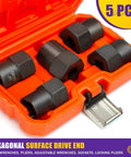 Heavy Duty Bolt Extractor Kit Pro Grade With Half Inch Drive Lug Nut Remover Tools For Stripped Damaged Rounded Off And Rusted Bolts And Studs In Automotive And Industrial Repair 5 Piece Set Size From Nineteen To Twenty Five Millimeters in orange case