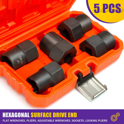Heavy Duty Bolt Extractor Kit Pro Grade With Half Inch Drive Lug Nut Remover Tools For Stripped Damaged Rounded Off And Rusted Bolts And Studs In Automotive And Industrial Repair 5 Piece Set Size From Nineteen To Twenty Five Millimeters in orange case
