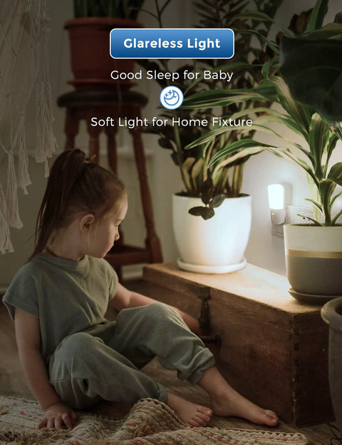 Child near plant lit by Dimmable Plug In Night Light With Dusk To Dawn Sensor, 5000K Daylight, Stepless 0 To 80 Lumens Brightness
