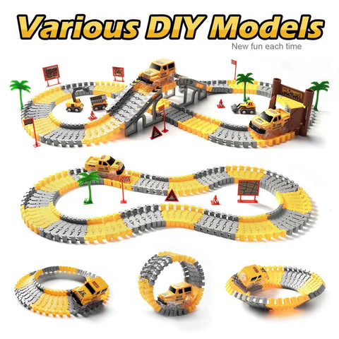 Glow In The Dark Construction Race Track Set For Kids Ages 3 To 9, 264 Piece Buildable DIY Track With 2 Light Up Cars