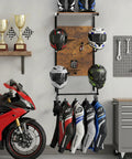 Ride Ready Wall Mount Helmet Holder For Motorcycle Gear Display Rack with helmets and jackets in a garage setting