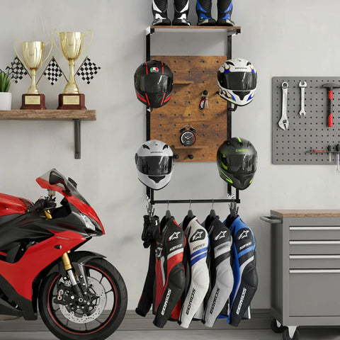 Ride Ready Wall Mount Helmet Holder For Motorcycle Gear Display Rack with helmets and jackets in a garage setting