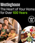 Westinghouse ad celebrating 100 years showing happy family and vintage illustration demonstrating brand's long history at home.