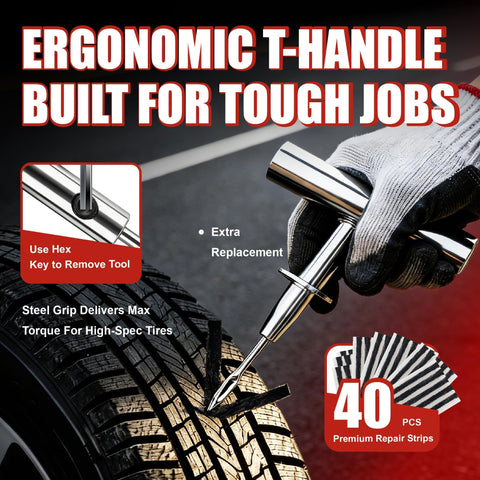 Close-up of ergonomic T-handle tool from 68-Piece All-in-One Heavy Duty Pro Grade Tire Plug Kit with Pressure Gauge and 40 plugs.