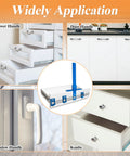 No Sweat Cabinet Hardware Jig With Quick Release Drill Guide Block for Drawer Pulls and Door Handles, shown in various applications.