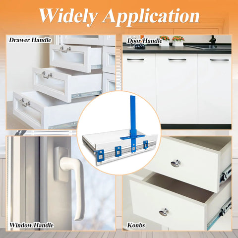 No Sweat Cabinet Hardware Jig With Quick Release Drill Guide Block for Drawer Pulls and Door Handles, shown in various applications.