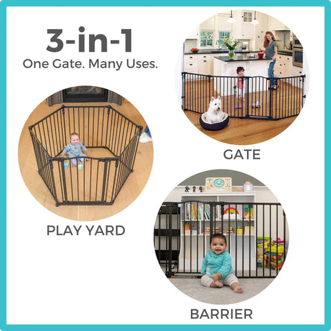 Three uses of 3-In-1 Metal Superyard: gate protecting kitchen, play yard around child, barrier in living room with Two Panel Extension for 3 In 1 Arched Metal Superyard 48 Inch Play Yard Extension Expands From 6 Up To 8 Panels 10 To 19 Sq Ft Kid Friendly No Fuss Matte Bronze Finish Compatible With Metal Superyard Playpens.