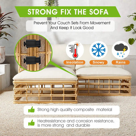 Adjustable Outdoor Furniture Clips For Rattan And Wicker Sectionals, Modular Couch Connectors shown on wicker sofa, weatherproof.