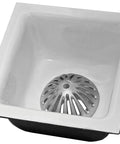 Heavy Duty Aluminum Floor Drain Dome Cover 5-1/2 Inch Width By 2-1/4 Inch Height shown in floor sink, rustproof design