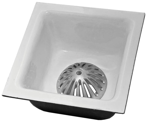 Heavy Duty Aluminum Floor Drain Dome Cover 5-1/2 Inch Width By 2-1/4 Inch Height shown in floor sink, rustproof design