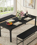 Extra Long Dining Table With Badass Steel Legs, Rectangle Kitchen Table And Dinner Spot Seats The Whole Squad Comfortably, Modern Black Wood Top In 79 By 28 By 30 Inches, Sturdy As Heck setup with fruit, flowers, and wine.