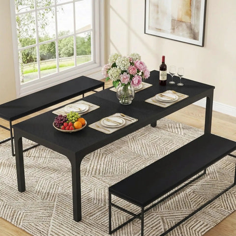 Extra Long Dining Table With Badass Steel Legs, Rectangle Kitchen Table And Dinner Spot Seats The Whole Squad Comfortably, Modern Black Wood Top In 79 By 28 By 30 Inches, Sturdy As Heck setup with fruit, flowers, and wine.