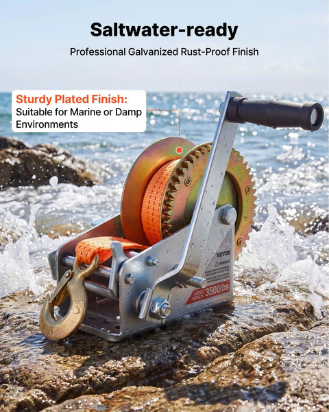 Beefy 3500 Lb Hand Boat Winch With 20 Ft Orange Strap, Two Way Ratchet, 2 Speed Switchable, Portable Manual Rope Crank, Anti Slip Handle For Boat Trailer And ATV Towing on rocky shore
