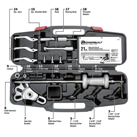 Master Axle Puller Tool Set 21 Piece Kit For Front And Rear Axles Bearings And Seals Removal with components in carrying case.