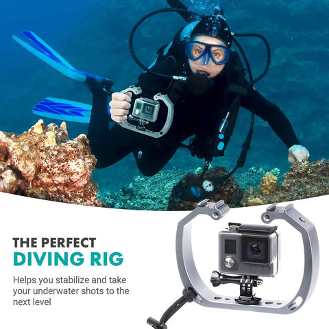 Diver using Underwater GoPro Rig with Cold Shoe Mounts and Wrist Strap for HERO3 to HERO8 and Osmo Action, aluminum tray visible