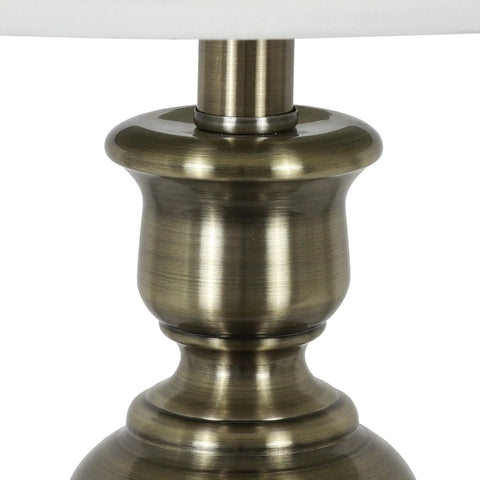 Close-up of Two Pack Antique Brass Table Lamp Set Built Tough Metal Construction White Linen Hardback Shade And Touch Control Switch