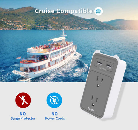 4 In 1 Outlet Extender With Phone Cradle, Dual AC Outlets And 3 USB Ports, Two USB A Ports Sharing 5V 2.1A Plus One USB Port 5V 2.1A Max shown with cruise ship background
