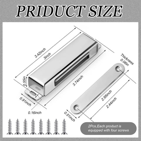Two Pack Magnetic Door Catch 150lb Heavy Duty Stainless Steel Cabinet Magnets with dimensions and screws shown