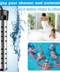 High Power 1500W Immersion Water Heater That Heats Five Gallons Fast In Minutes With A Stainless Steel Guard Cover shown with swimmers and bath users