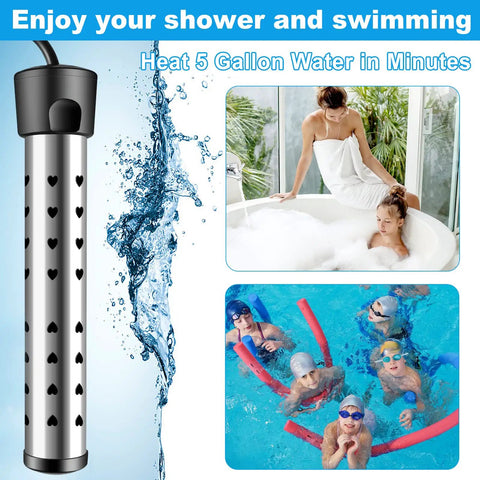 High Power 1500W Immersion Water Heater That Heats Five Gallons Fast In Minutes With A Stainless Steel Guard Cover shown with swimmers and bath users