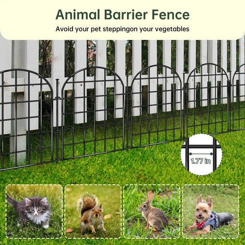 Arched No Dig Garden Fence Panels 30 Pack 32.5 Ft Long Rustproof Metal Garden Edging with Ground Stakes installed as animal barrier.