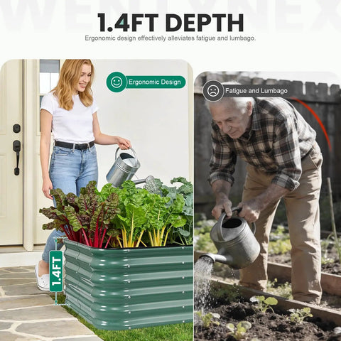 Modular Galvanized Raised Garden Bed Kit For Outdoor Yards 5 By 3 By 1.4 Ft 4 In 1 Raised Planter Box with plants and people