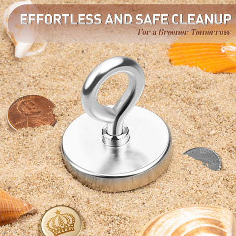 FINDMAG 2-inch neodymium fishing magnet with lifting eye bolt, front view on sand
