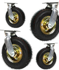 Set Of Four Heavy Duty Pneumatic Swivel Rubber Casters Featuring Rust Proof Steel Brackets for easy rolling and transport
