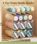 4-tier stackable water bottle organizer rack in cabinet with pastel tumblers, highlighting space saving design and easy access.