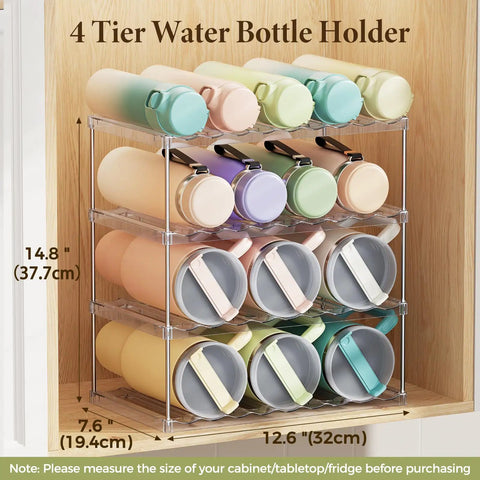4-tier stackable water bottle organizer rack in cabinet with pastel tumblers, highlighting space saving design and easy access.
